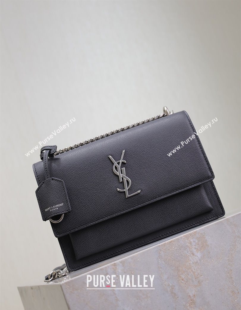 Saint Laurent Sunset Medium Bag in Grained Leather 442906 Black/Silver 2025 (YY-250625096)