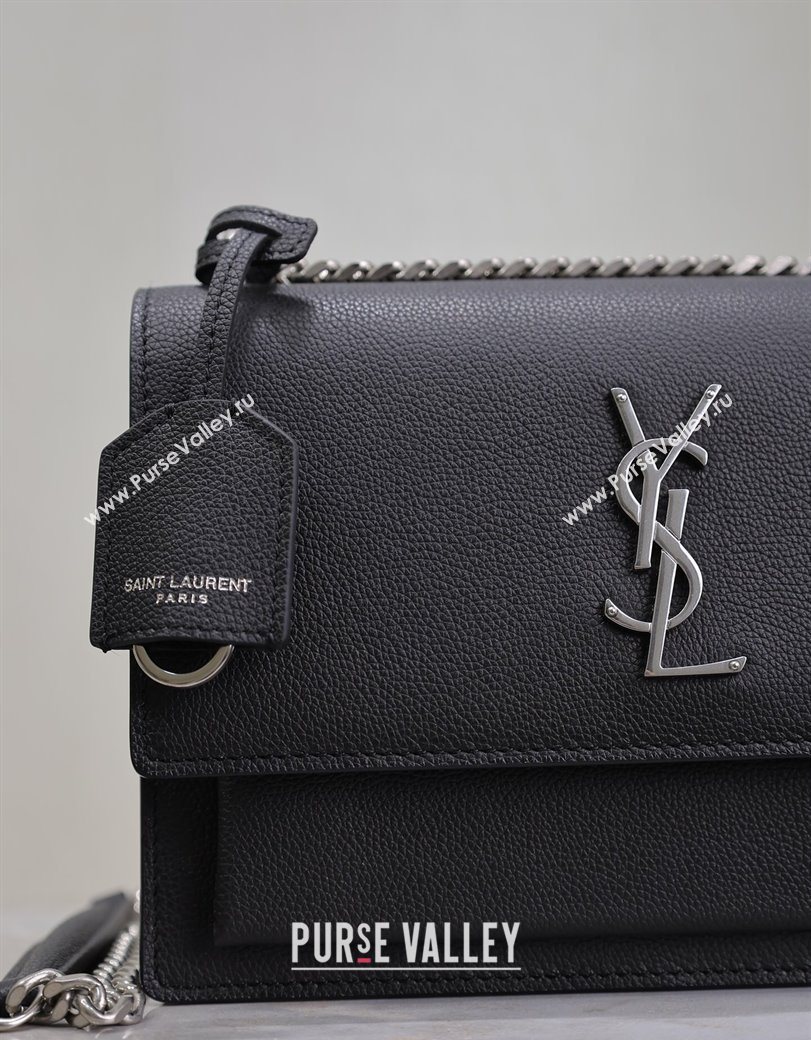 Saint Laurent Sunset Medium Bag in Grained Leather 442906 Black/Silver 2025 (YY-250625096)
