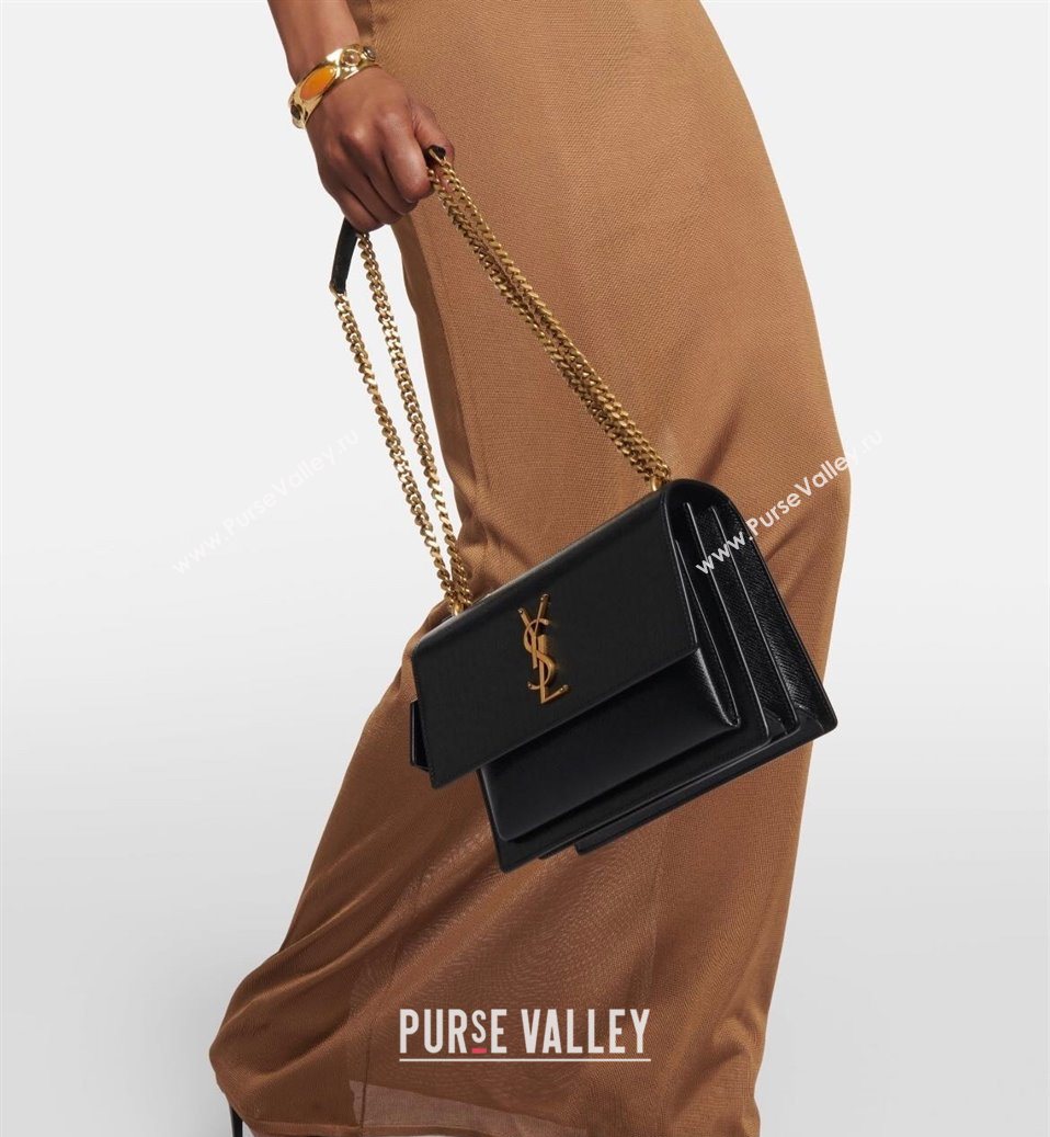 Saint Laurent Sunset Medium Bag in Saffiano Leather 442906 Black/Gold 2025 (YY-250625097)