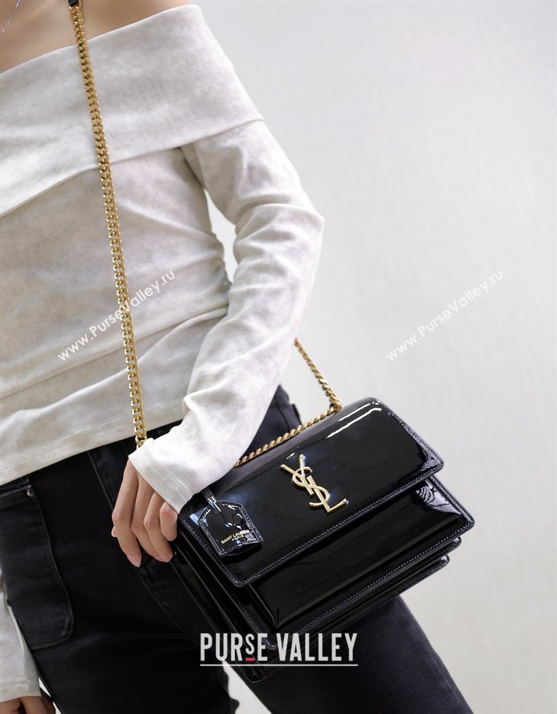 Saint Laurent Sunset Medium Bag in Patent Leather 442906 Black/Gold 2025 (YY-250625098)