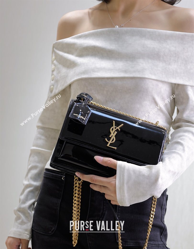 Saint Laurent Sunset Medium Bag in Patent Leather 442906 Black/Gold 2025 (YY-250625098)