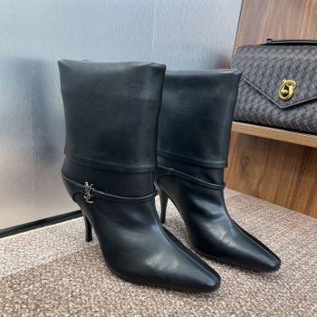 Saint Laurent Niki Heel Ankle Boots 9.5cm with YSL Strap in Calfskin Black 2025 (JC-250825079)