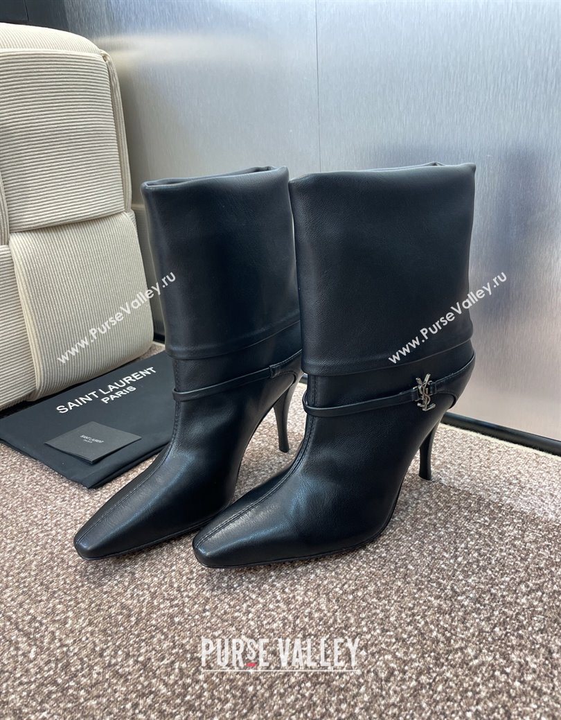 Saint Laurent Niki Heel Ankle Boots 9.5cm with YSL Strap in Calfskin Black 2025 (JC-250825079)