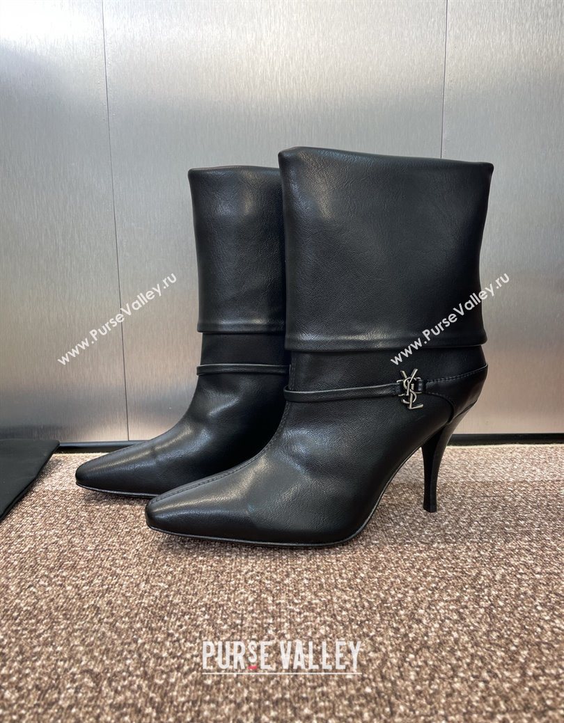 Saint Laurent Niki Heel Ankle Boots 9.5cm with YSL Strap in Calfskin Black 2025 (JC-250825079)