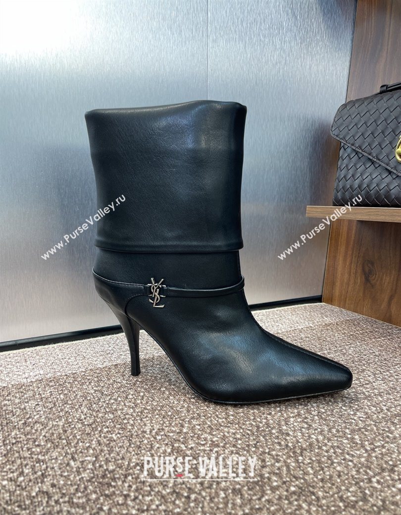 Saint Laurent Niki Heel Ankle Boots 9.5cm with YSL Strap in Calfskin Black 2025 (JC-250825079)