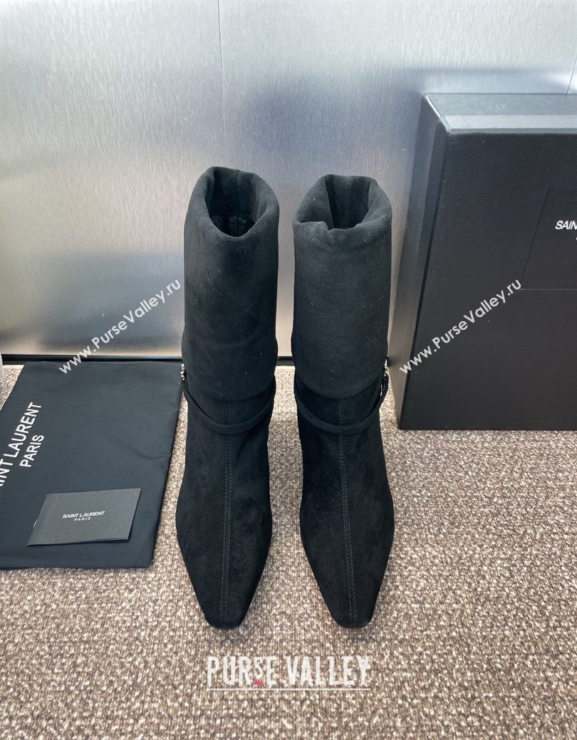 Saint Laurent Niki Heel Ankle Boots 9.5cm with YSL Strap in Suede Black 2025 (JC-250825080)