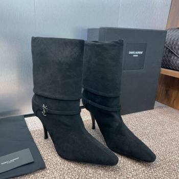Saint Laurent Niki Heel Ankle Boots 9.5cm with YSL Strap in Suede Black 2025 (JC-250825080)