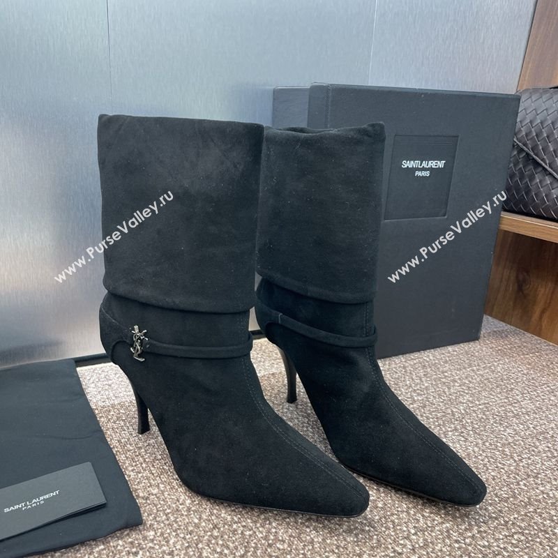 Saint Laurent Niki Heel Ankle Boots 9.5cm with YSL Strap in Suede Black 2025 (JC-250825080)
