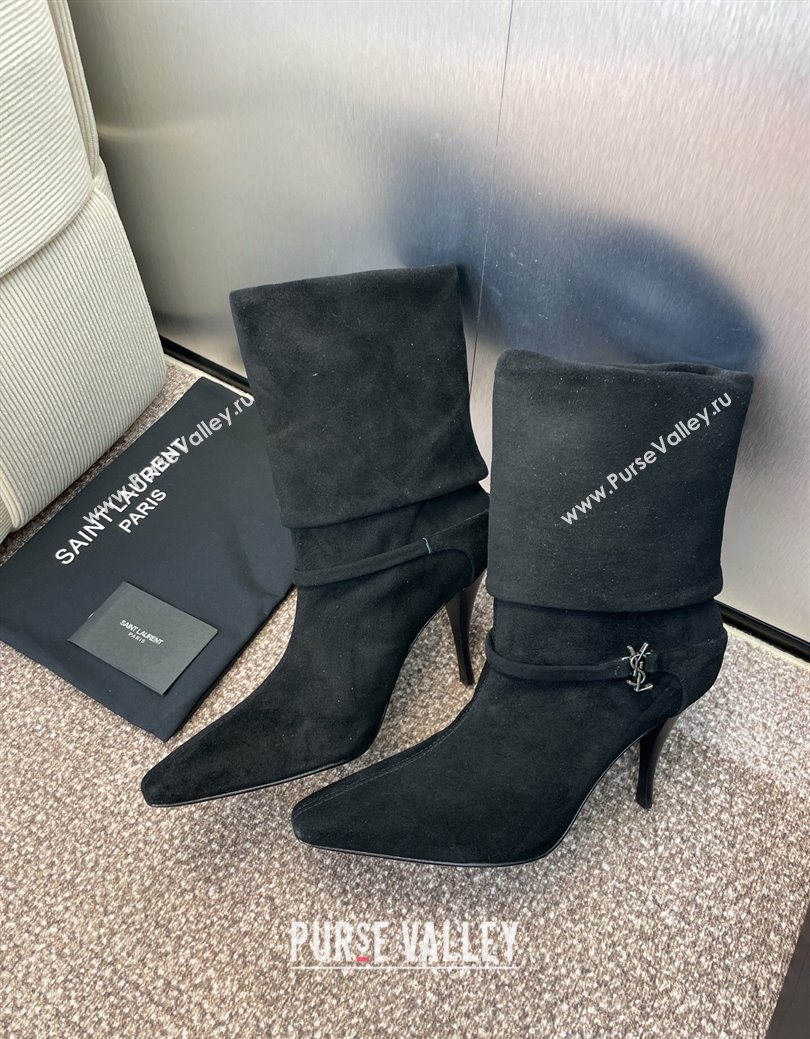 Saint Laurent Niki Heel Ankle Boots 9.5cm with YSL Strap in Suede Black 2025 (JC-250825080)