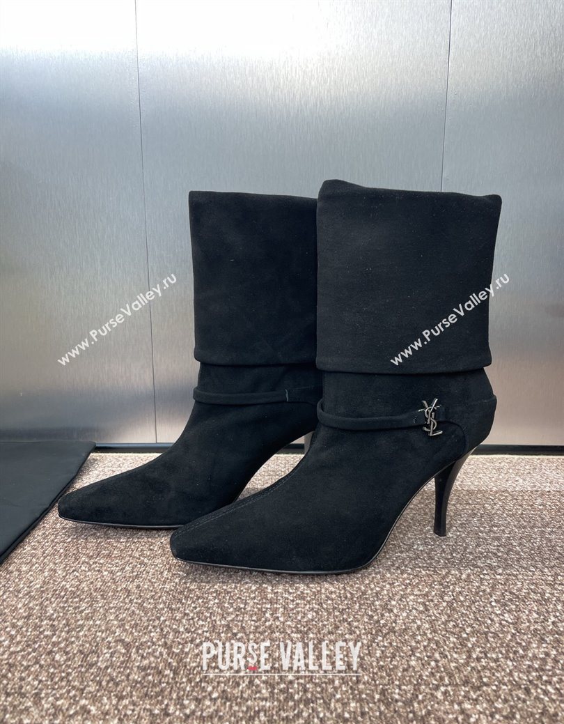 Saint Laurent Niki Heel Ankle Boots 9.5cm with YSL Strap in Suede Black 2025 (JC-250825080)