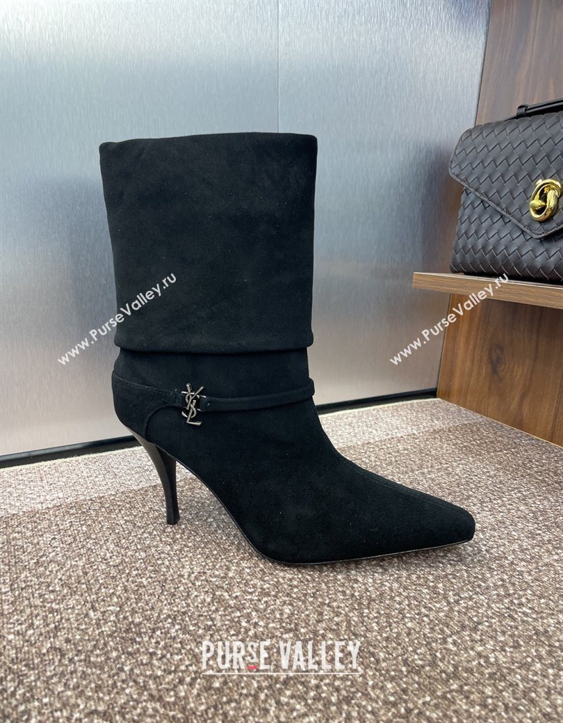 Saint Laurent Niki Heel Ankle Boots 9.5cm with YSL Strap in Suede Black 2025 (JC-250825080)