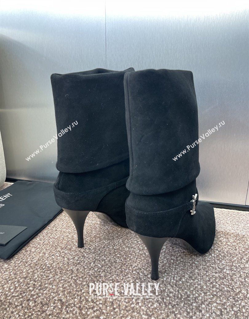 Saint Laurent Niki Heel Ankle Boots 9.5cm with YSL Strap in Suede Black 2025 (JC-250825080)