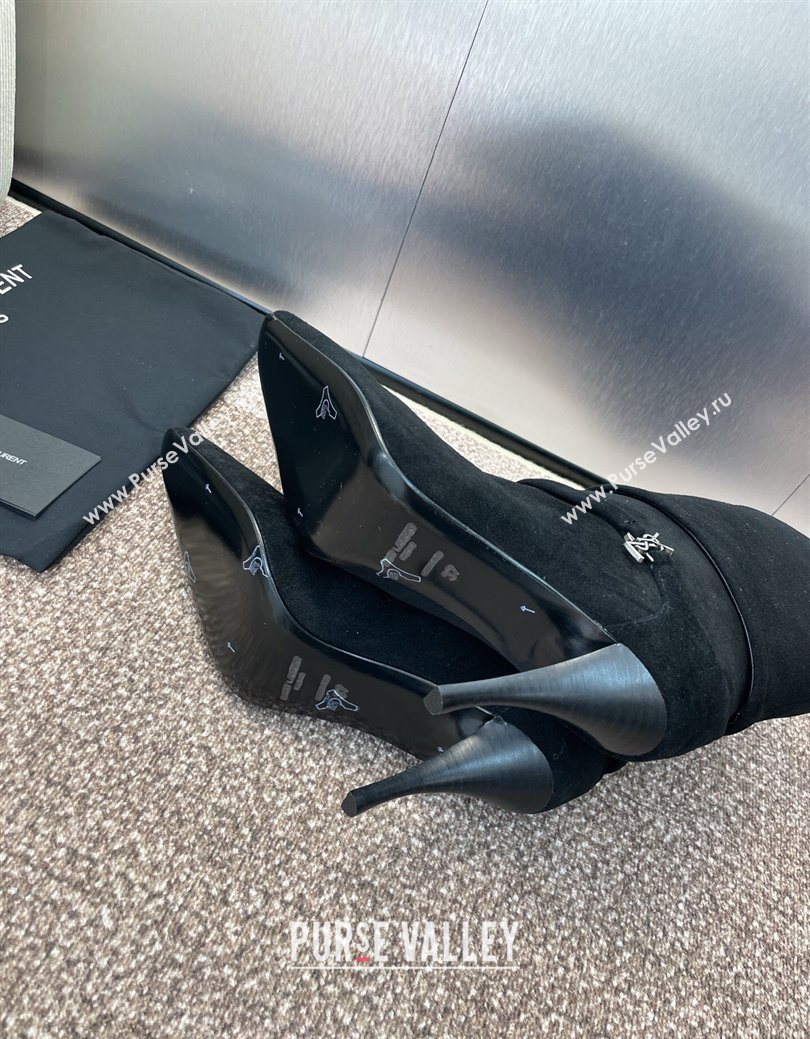 Saint Laurent Niki Heel Ankle Boots 9.5cm with YSL Strap in Suede Black 2025 (JC-250825080)