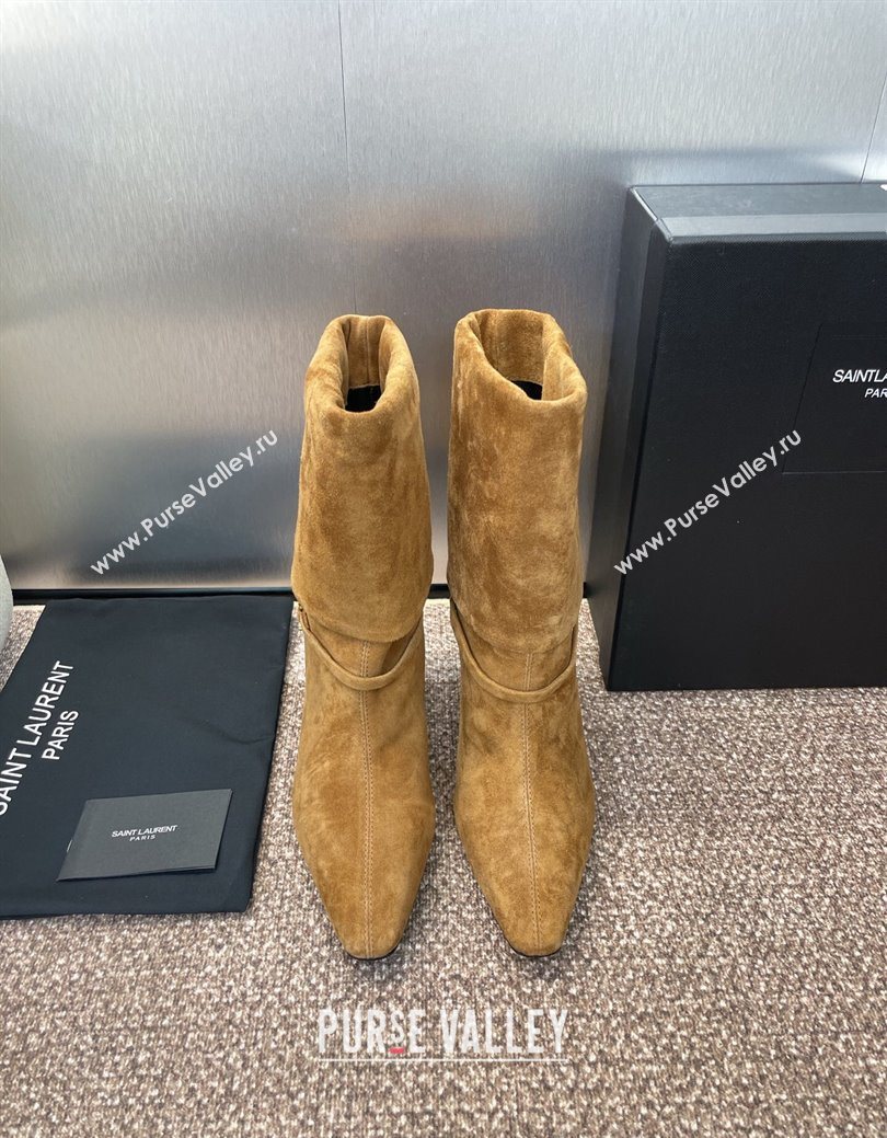 Saint Laurent Niki Heel Ankle Boots 9.5cm with YSL Strap in Suede Brown 2025 (JC-250825081)
