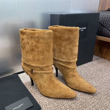 Saint Laurent Niki Heel Ankle Boots 9.5cm with YSL Strap in Suede Brown 2025 (JC-250825081)
