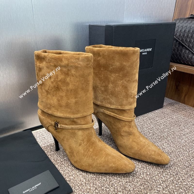 Saint Laurent Niki Heel Ankle Boots 9.5cm with YSL Strap in Suede Brown 2025 (JC-250825081)