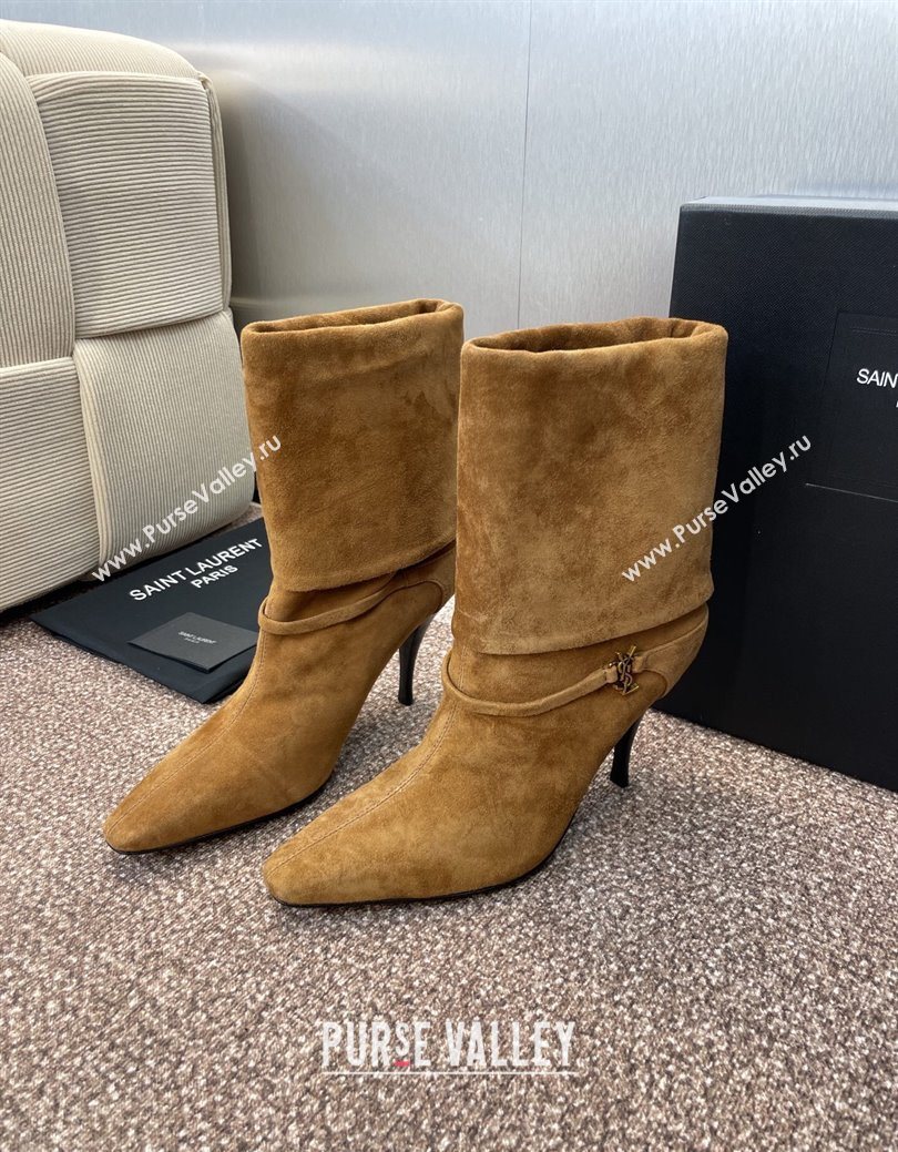Saint Laurent Niki Heel Ankle Boots 9.5cm with YSL Strap in Suede Brown 2025 (JC-250825081)
