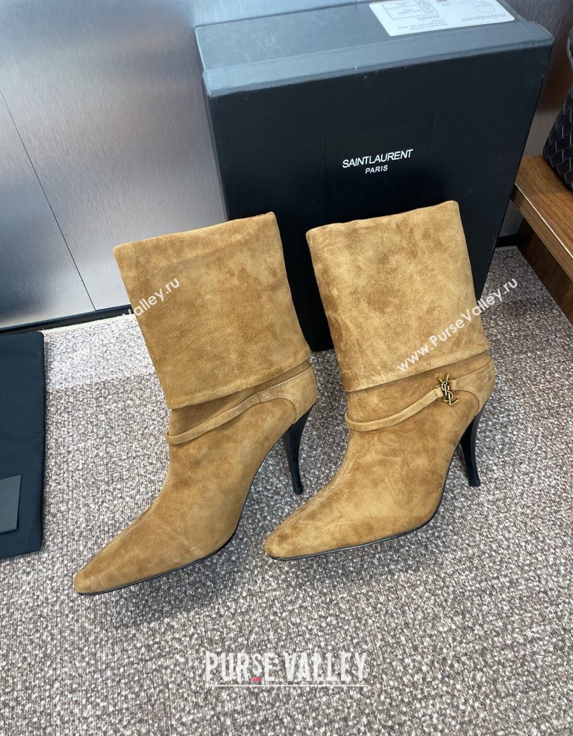 Saint Laurent Niki Heel Ankle Boots 9.5cm with YSL Strap in Suede Brown 2025 (JC-250825081)