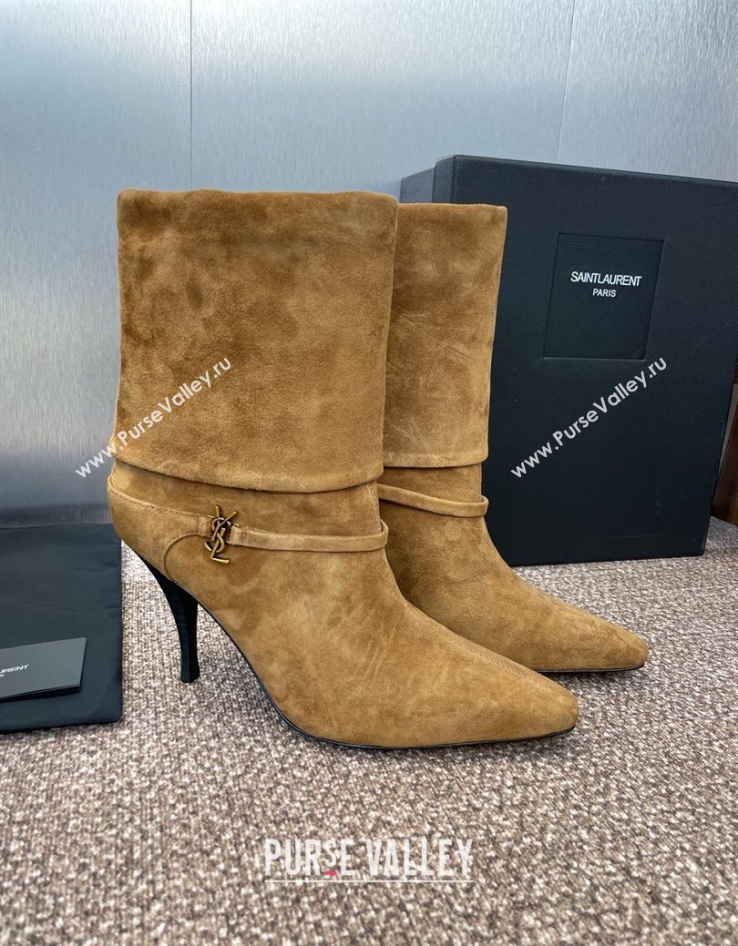 Saint Laurent Niki Heel Ankle Boots 9.5cm with YSL Strap in Suede Brown 2025 (JC-250825081)
