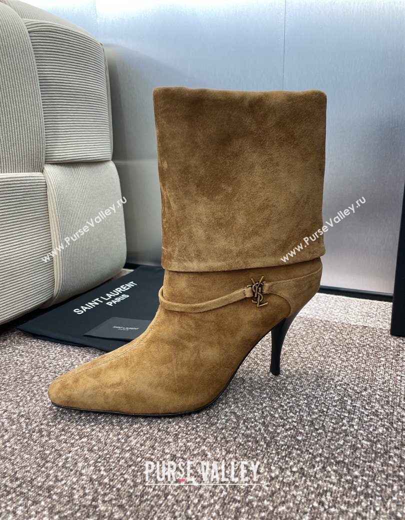 Saint Laurent Niki Heel Ankle Boots 9.5cm with YSL Strap in Suede Brown 2025 (JC-250825081)