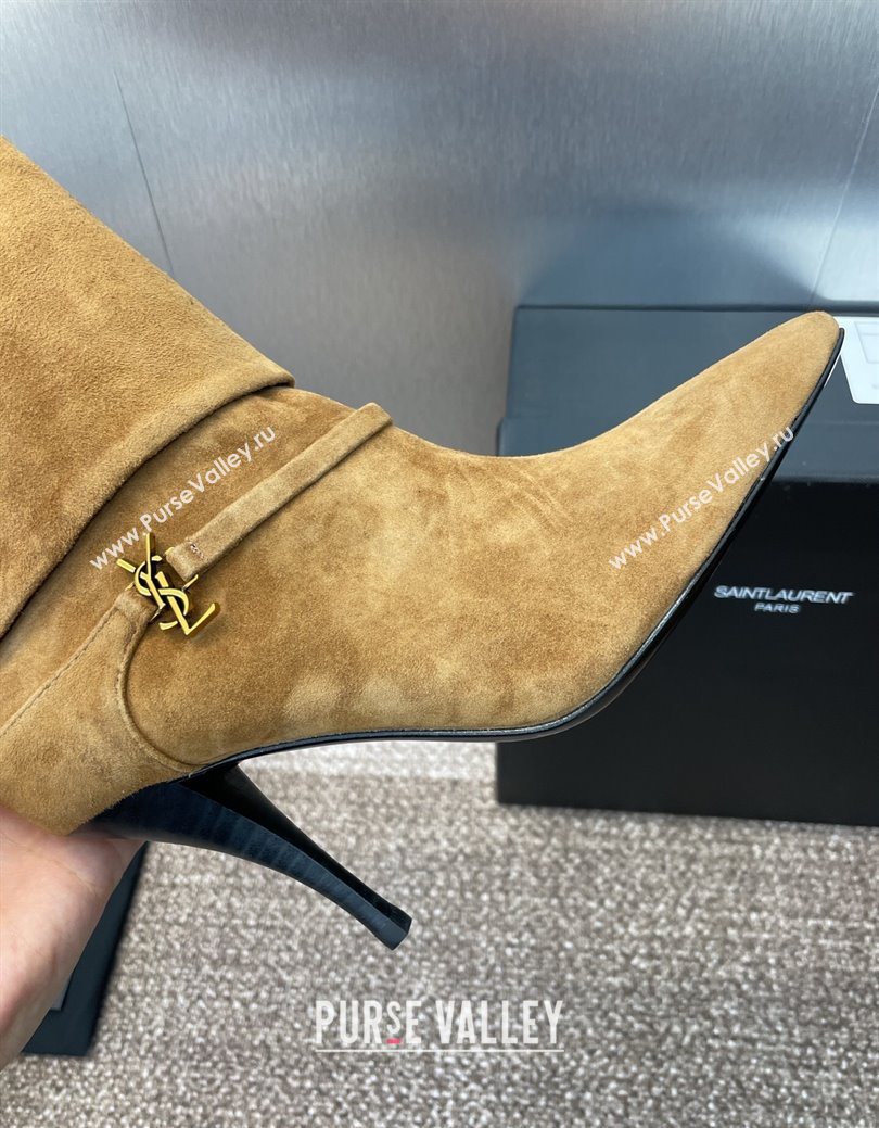 Saint Laurent Niki Heel Ankle Boots 9.5cm with YSL Strap in Suede Brown 2025 (JC-250825081)