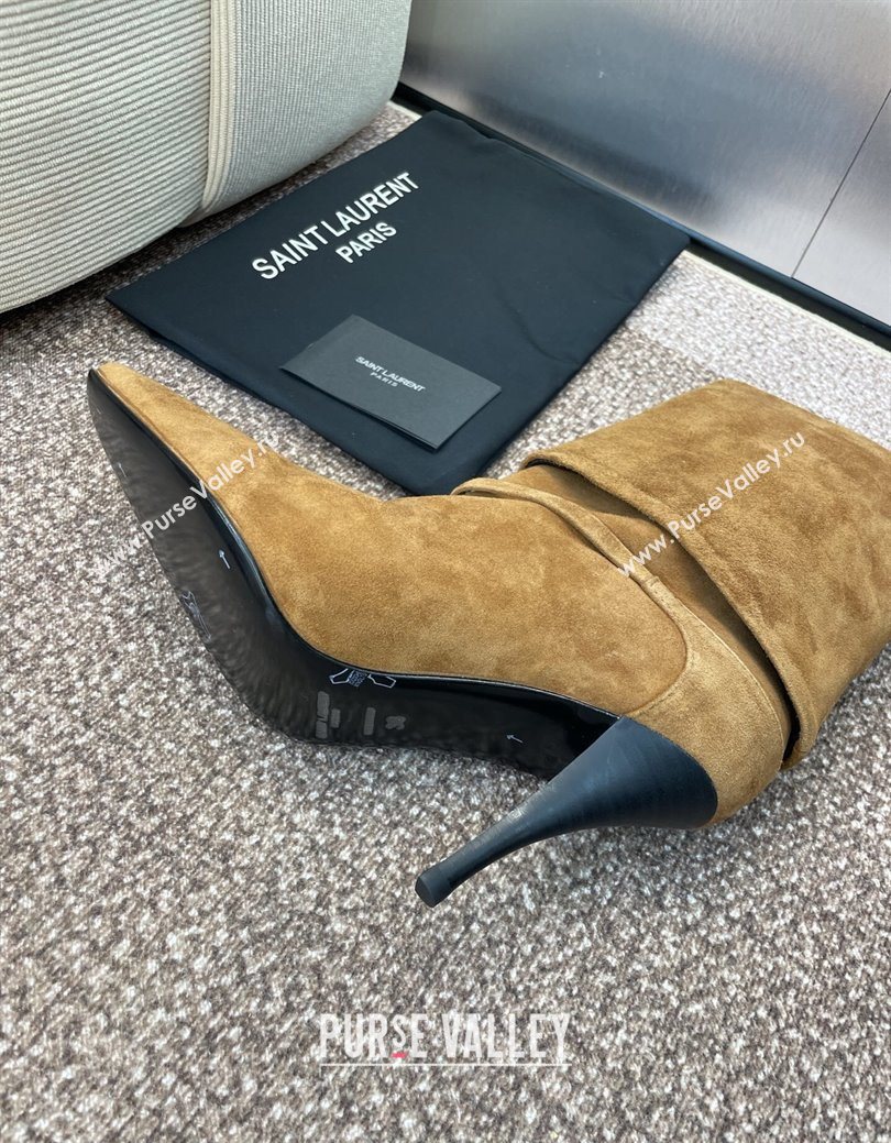 Saint Laurent Niki Heel Ankle Boots 9.5cm with YSL Strap in Suede Brown 2025 (JC-250825081)