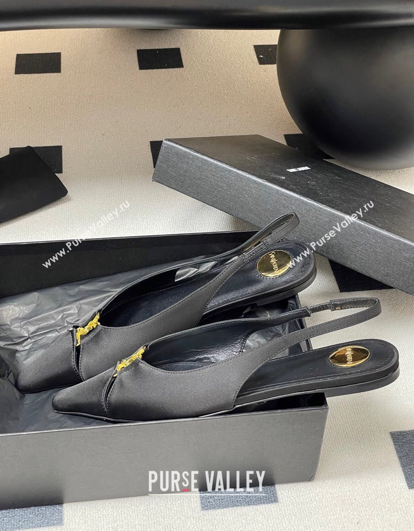 Saint Laurent Babylone Flats Slingback in Satin Black 2025 8036469 (KL-250825094)