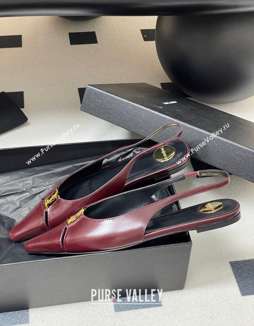Saint Laurent Babylone Flats Slingback in Shiny Calfskin Dark Burgundy 2025 8036469 (KL-250825097)