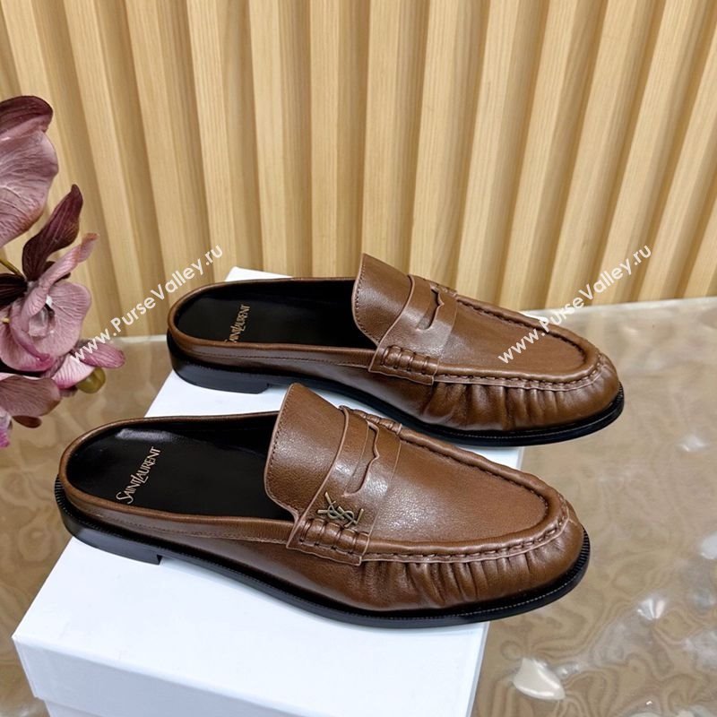 Saint Laurent Le Loafers Mules in Creased Leather Dark Brown 2025 (MD-250825095)