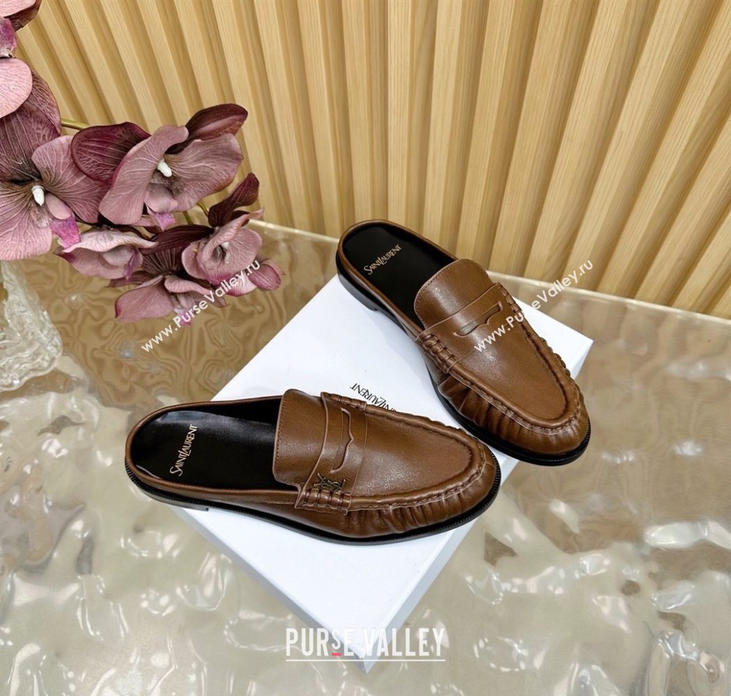 Saint Laurent Le Loafers Mules in Creased Leather Dark Brown 2025 (MD-250825095)