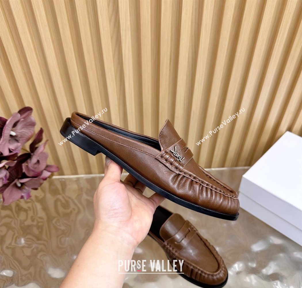 Saint Laurent Le Loafers Mules in Creased Leather Dark Brown 2025 (MD-250825095)