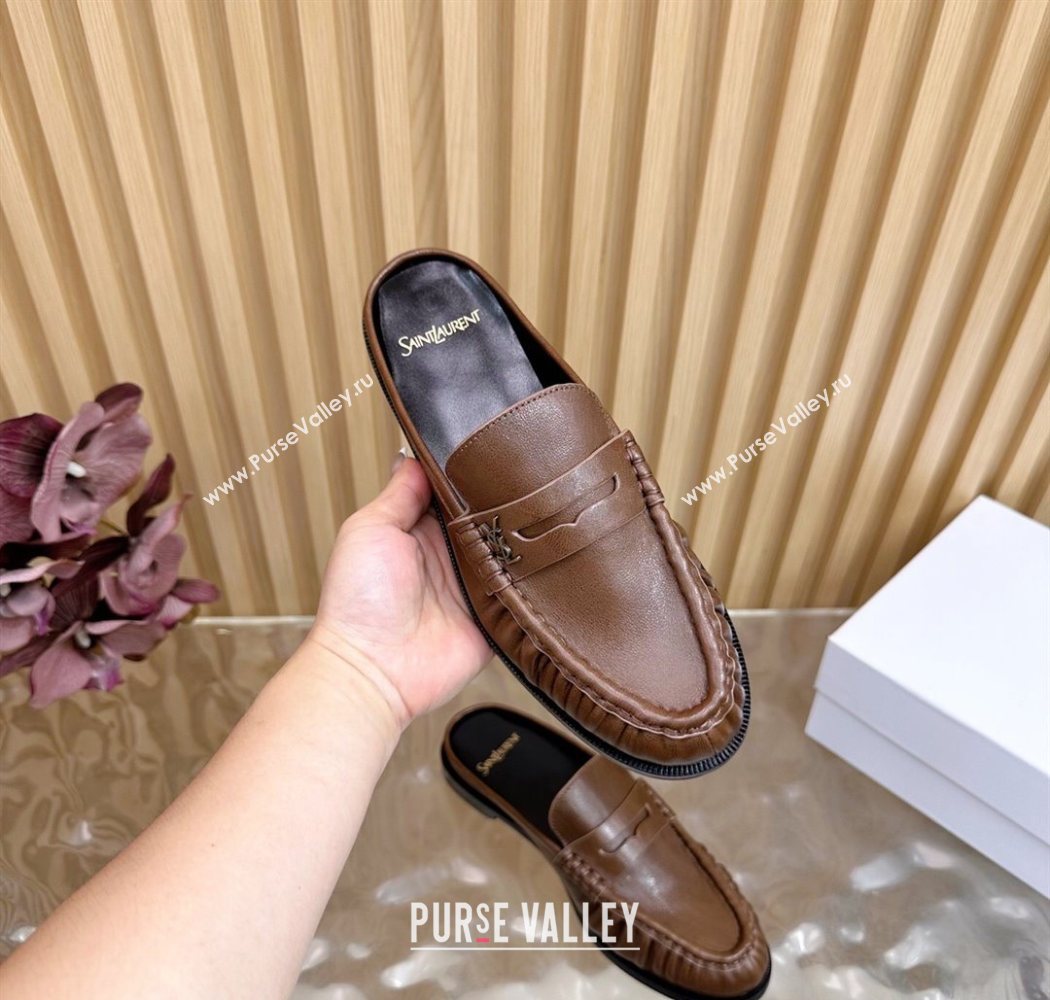 Saint Laurent Le Loafers Mules in Creased Leather Dark Brown 2025 (MD-250825095)