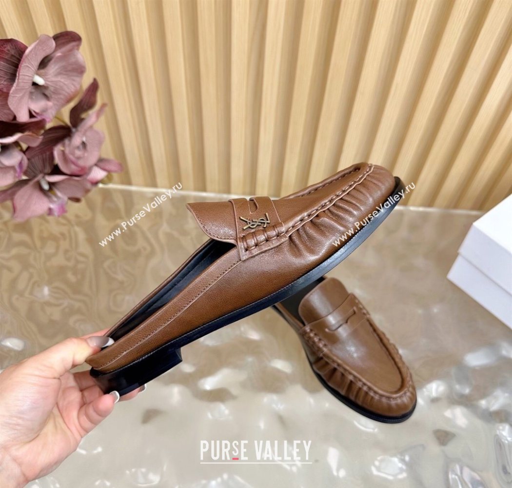 Saint Laurent Le Loafers Mules in Creased Leather Dark Brown 2025 (MD-250825095)