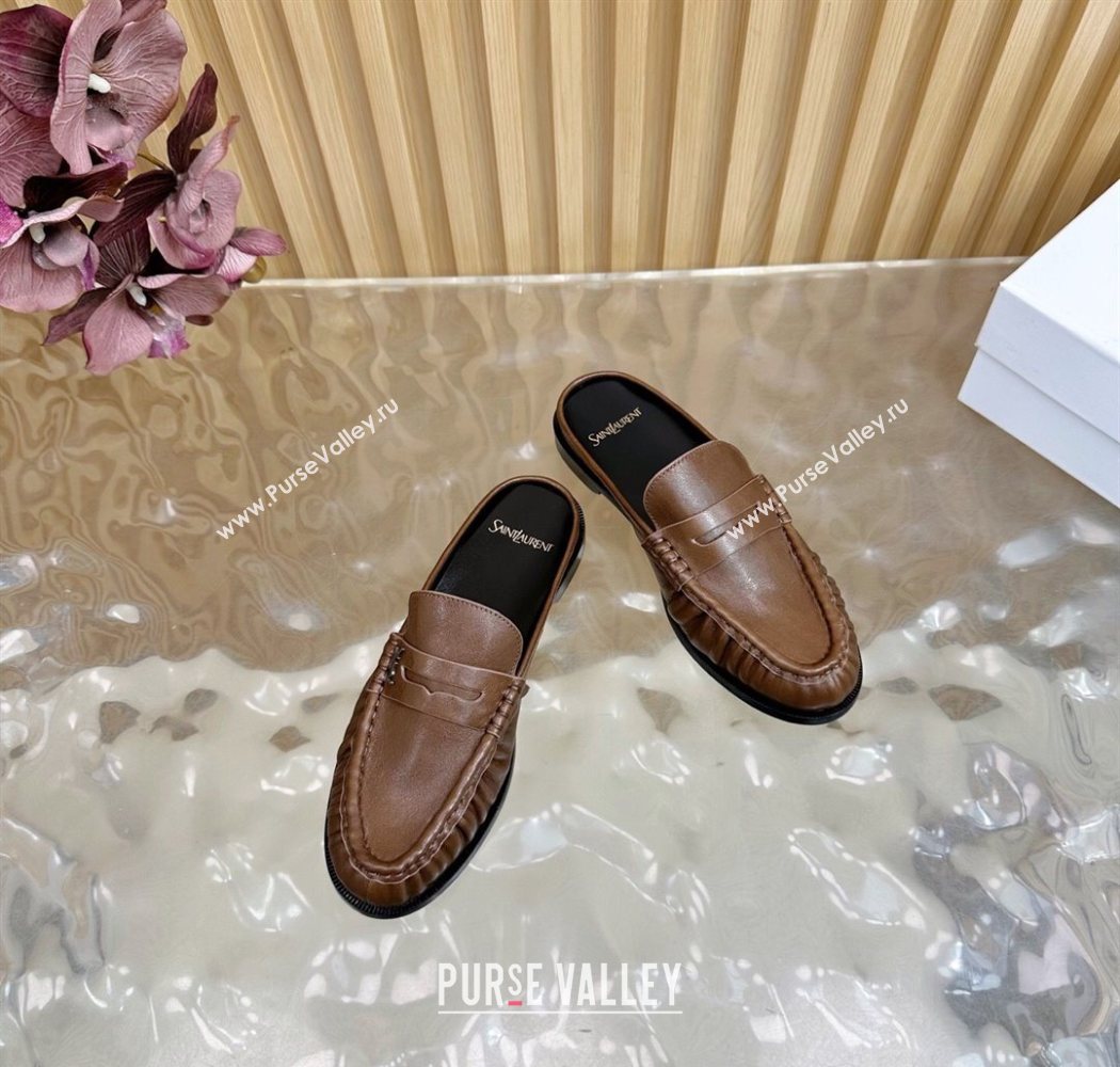 Saint Laurent Le Loafers Mules in Creased Leather Dark Brown 2025 (MD-250825095)