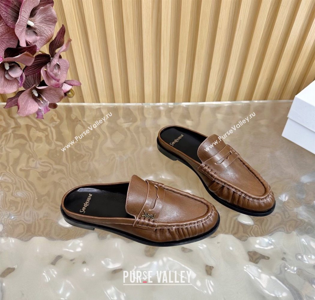Saint Laurent Le Loafers Mules in Creased Leather Dark Brown 2025 (MD-250825095)