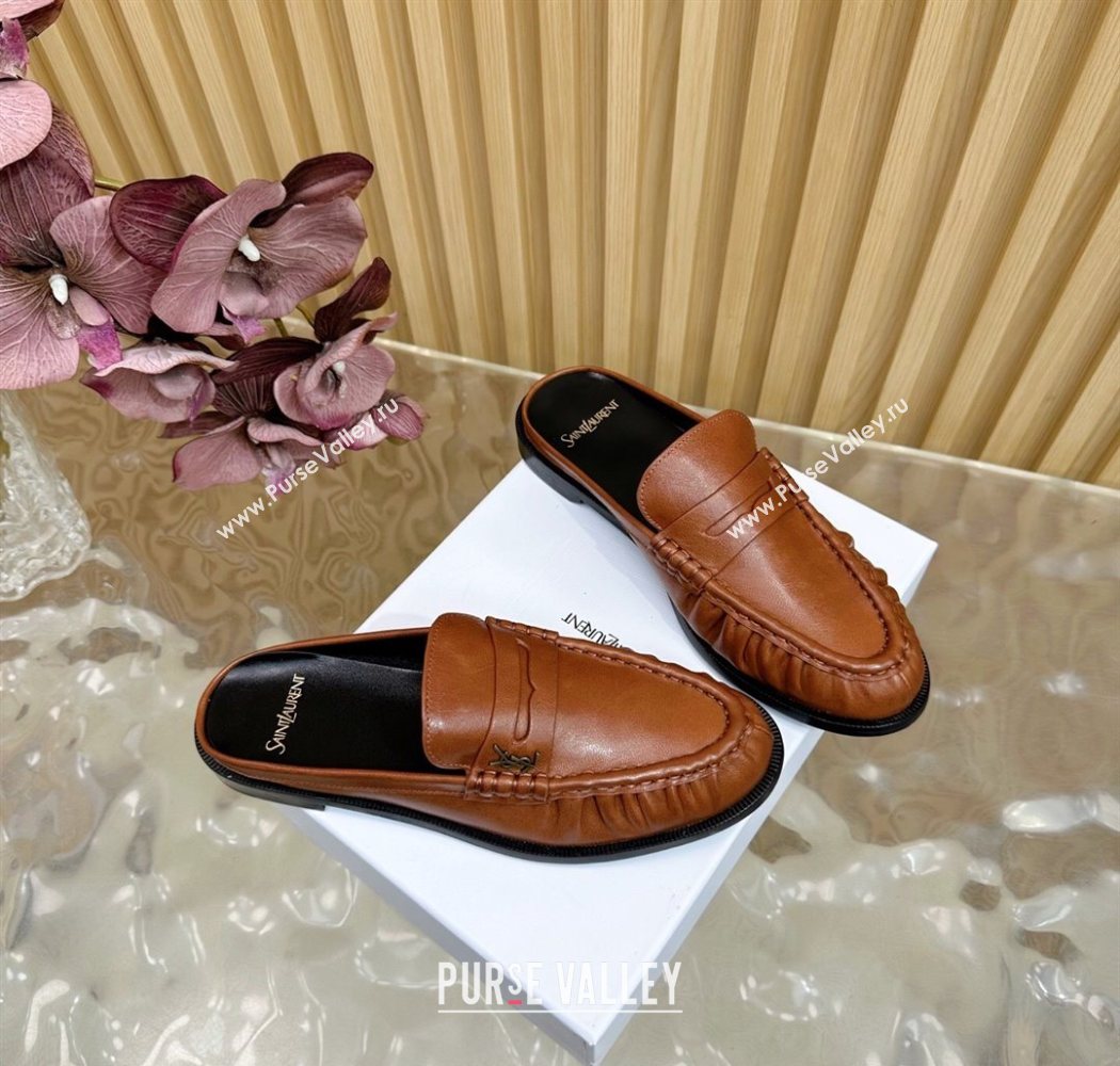 Saint Laurent Le Loafers Mules in Creased Leather Tan Brown 2025 (MD-250825101)