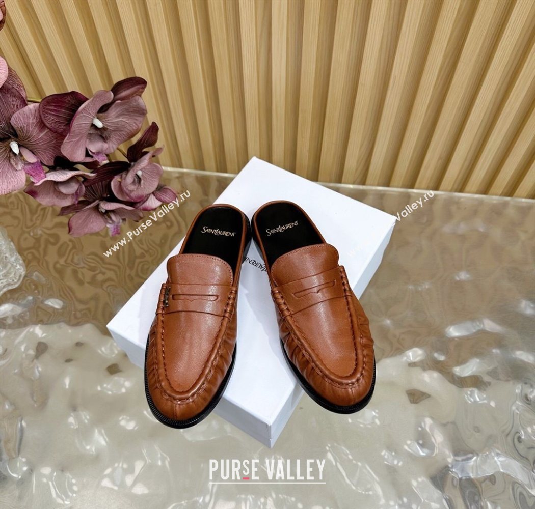 Saint Laurent Le Loafers Mules in Creased Leather Tan Brown 2025 (MD-250825101)