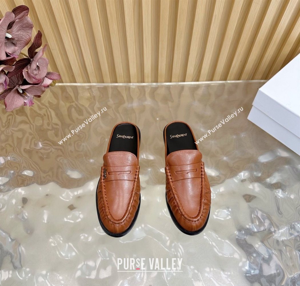Saint Laurent Le Loafers Mules in Creased Leather Tan Brown 2025 (MD-250825101)