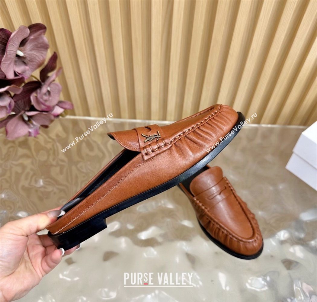 Saint Laurent Le Loafers Mules in Creased Leather Tan Brown 2025 (MD-250825101)