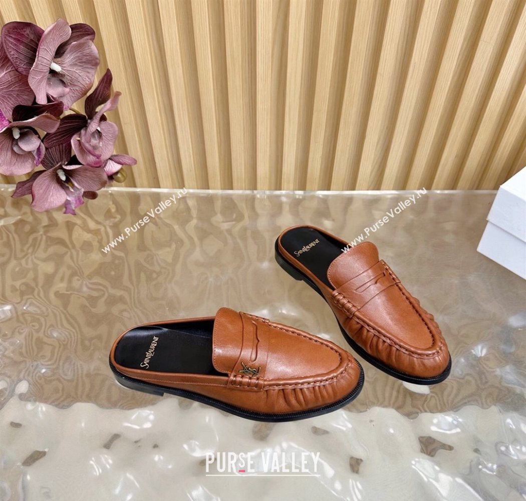 Saint Laurent Le Loafers Mules in Creased Leather Tan Brown 2025 (MD-250825101)