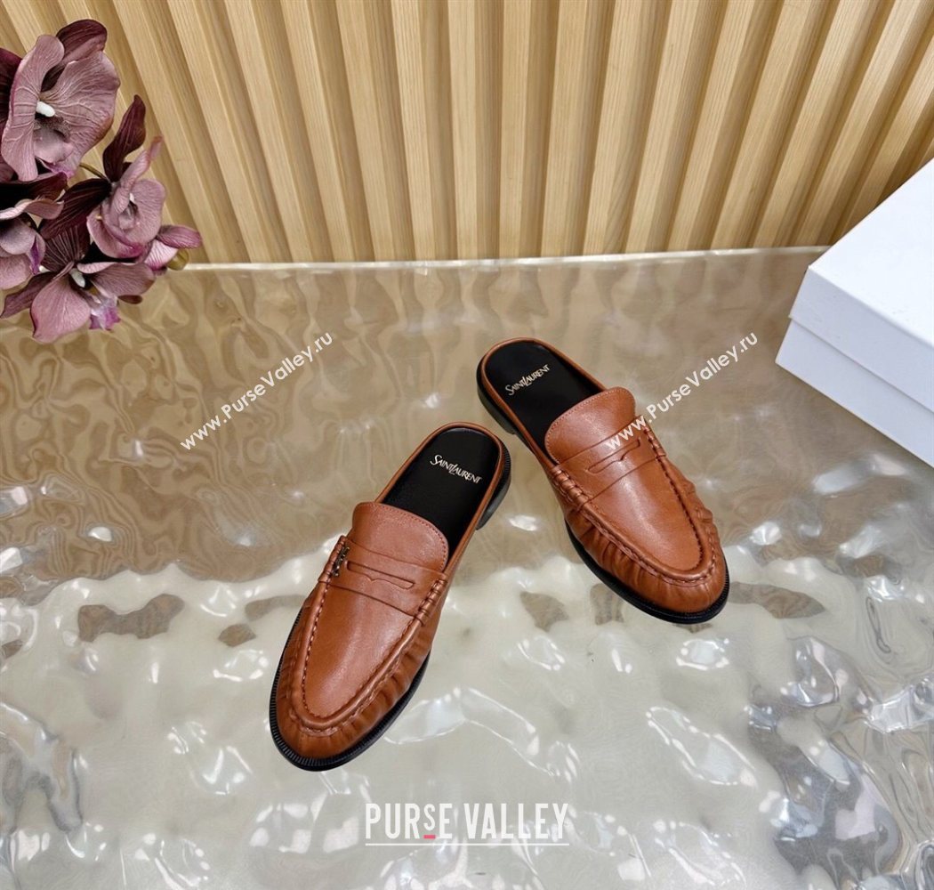 Saint Laurent Le Loafers Mules in Creased Leather Tan Brown 2025 (MD-250825101)