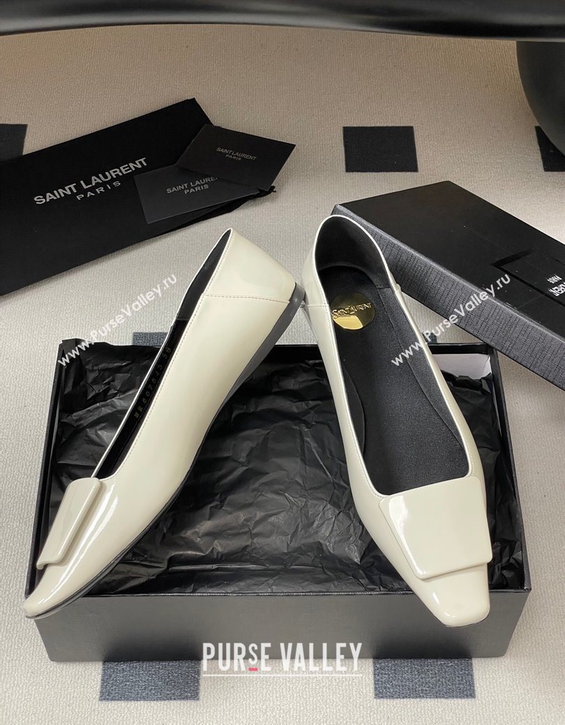 Saint Laurent Cassandre Ballerinas Flat with Square Buckle in Patent Leather White 2025 (MD-250825105)