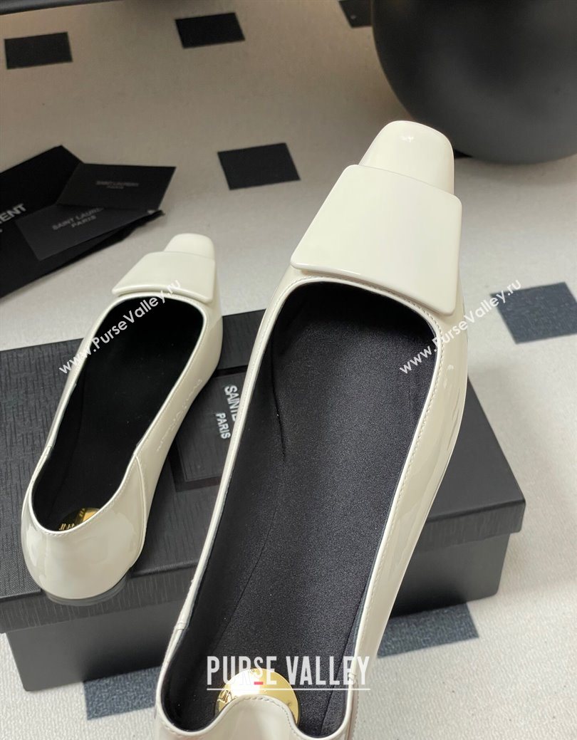 Saint Laurent Cassandre Ballerinas Flat with Square Buckle in Patent Leather White 2025 (MD-250825105)