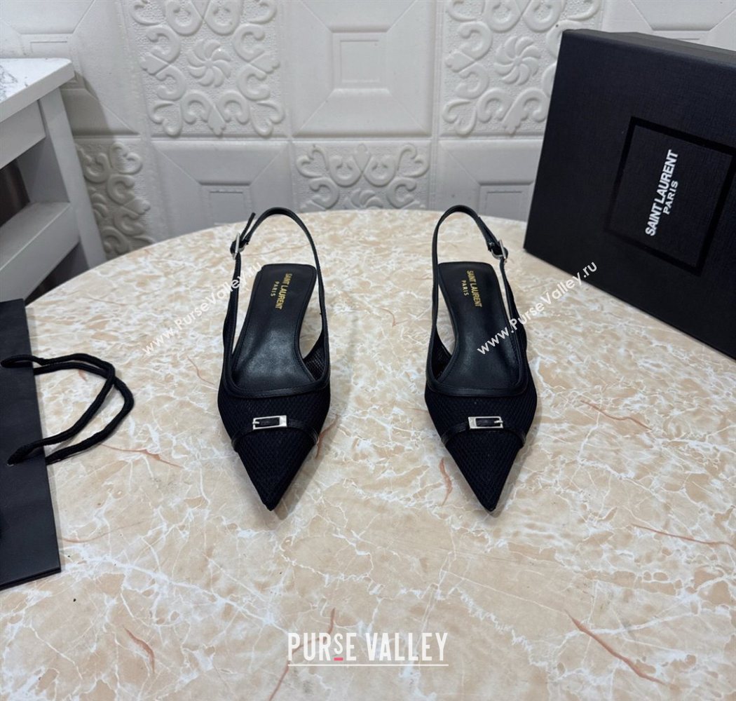 Saint Laurent Mesh Slingback Pumps 3.5cm with Buckle Black 2025 SL082501 (MD-250825115)