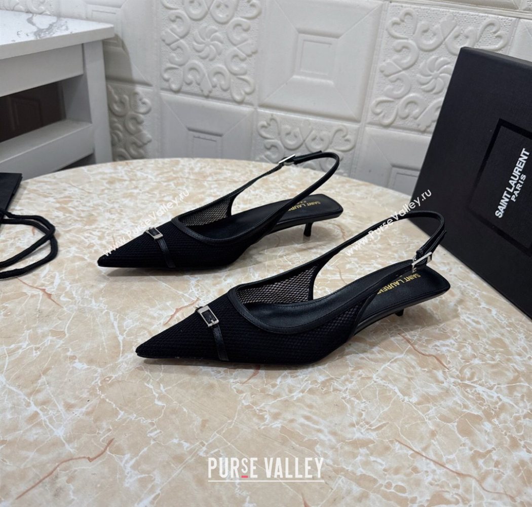 Saint Laurent Mesh Slingback Pumps 3.5cm with Buckle Black 2025 SL082501 (MD-250825115)