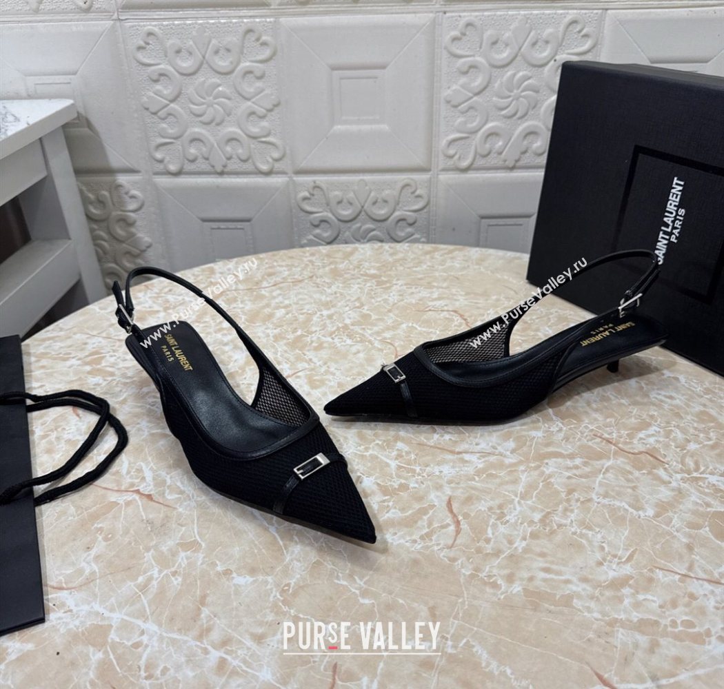 Saint Laurent Mesh Slingback Pumps 3.5cm with Buckle Black 2025 SL082501 (MD-250825115)