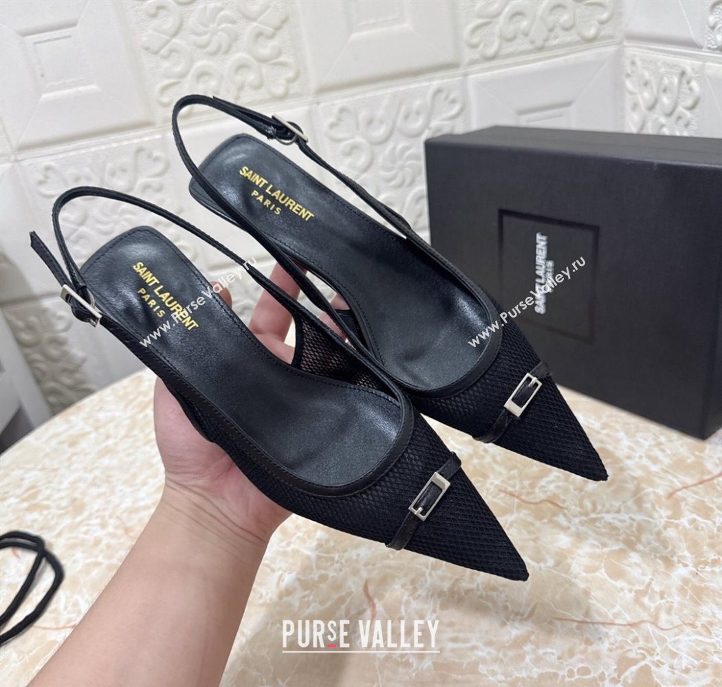 Saint Laurent Mesh Slingback Pumps 3.5cm with Buckle Black 2025 SL082501 (MD-250825115)