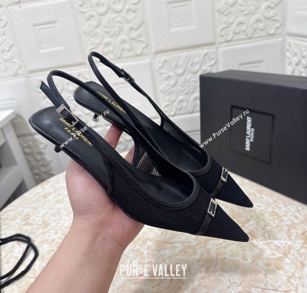 Saint Laurent Mesh Slingback Pumps 3.5cm with Buckle Black 2025 SL082501 (MD-250825115)