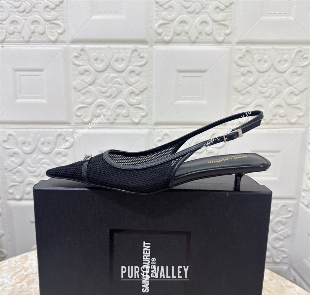 Saint Laurent Mesh Slingback Pumps 3.5cm with Buckle Black 2025 SL082501 (MD-250825115)