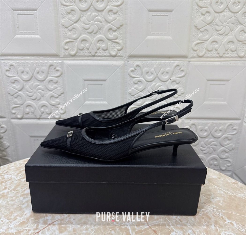 Saint Laurent Mesh Slingback Pumps 3.5cm with Buckle Black 2025 SL082501 (MD-250825115)